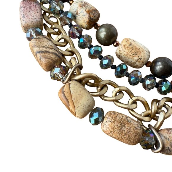 Brown Gemstones Beads Layered Multi-Strand Bib Choker Necklace Gold Tone - Picture 2 of 7